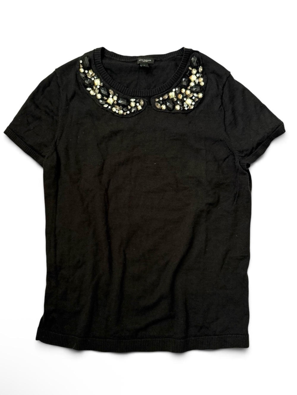 Ann Taylor Black Short-Sleeve Top with Jeweled Peter Pan Collar Merino Wool